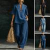 Women's Summer 2 Piece Denim Set Short Sleeve Lapel V Neck Top And Wide Leg Pants Tracksuit Casual Vacation Outfits with Pockets