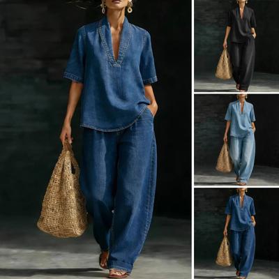Dames Zomer 2-delige Denim Set Korte Mouw Revers V-hals Top En Wijde Pijpen Broek Trainingspak Casual Vakantie Outfits met Zakken