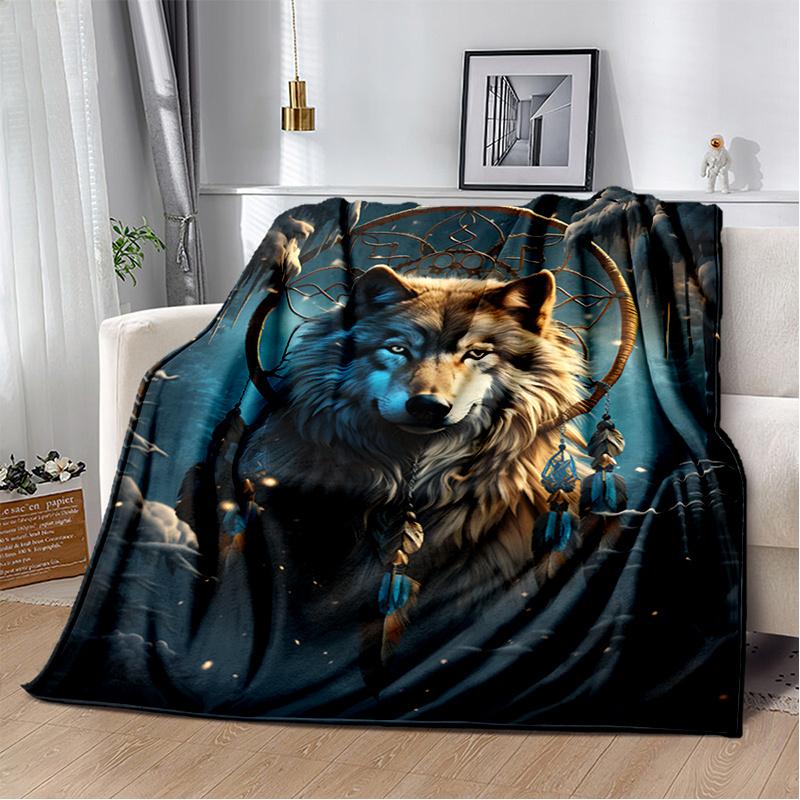 Wolf Dreamcatcher Fleece Blanket  Bohemian Flannel Throw For Sofa/Bed,Native American Style Gift,Soft & Warm Digital Print Decor