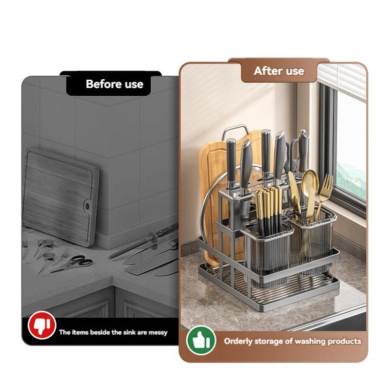 Kitchen Knife Rack Wall Mounted Cutlery Organizer Stainless Steel Pot Cover Knife Holder Chopping Board Drain Organizer Shelf