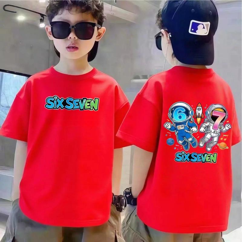 180g Pure Cotton Cartoon 67 Print Kids Short Sleeve T-Shirt 160 cm