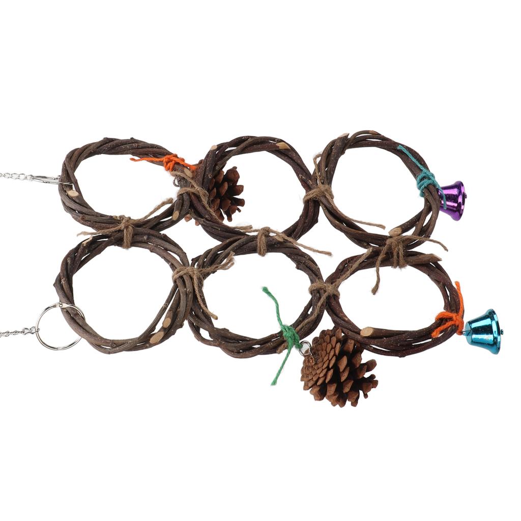 Bird Hanging Swings Toy Wooden Parrot Swing Circle Ring Toy Climbing Net with Bells6 Rings