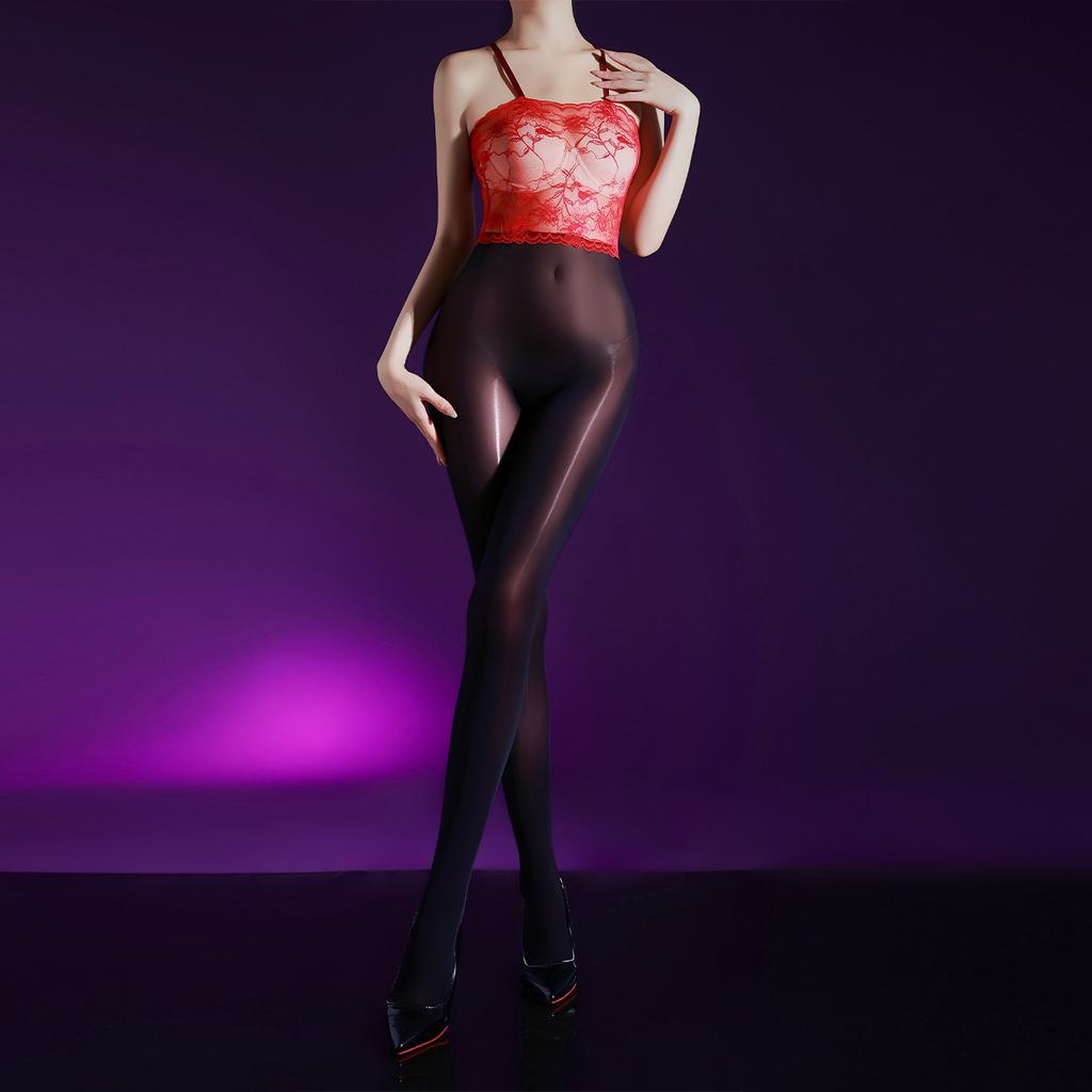 Women'S Lace Breast Bodysuit Patchwork Oil Shiny Glossy Sheer Thin Shaping Woman Tights High Elastic Sleeveless Bodysuit Yoga