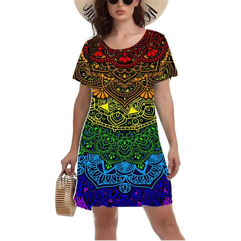 Retro 3D Buntes Druckkleid Damen Sommer Kurzarm Rundhals Freizeitkleid Große Größe Damen Sommerkleid Vestidos