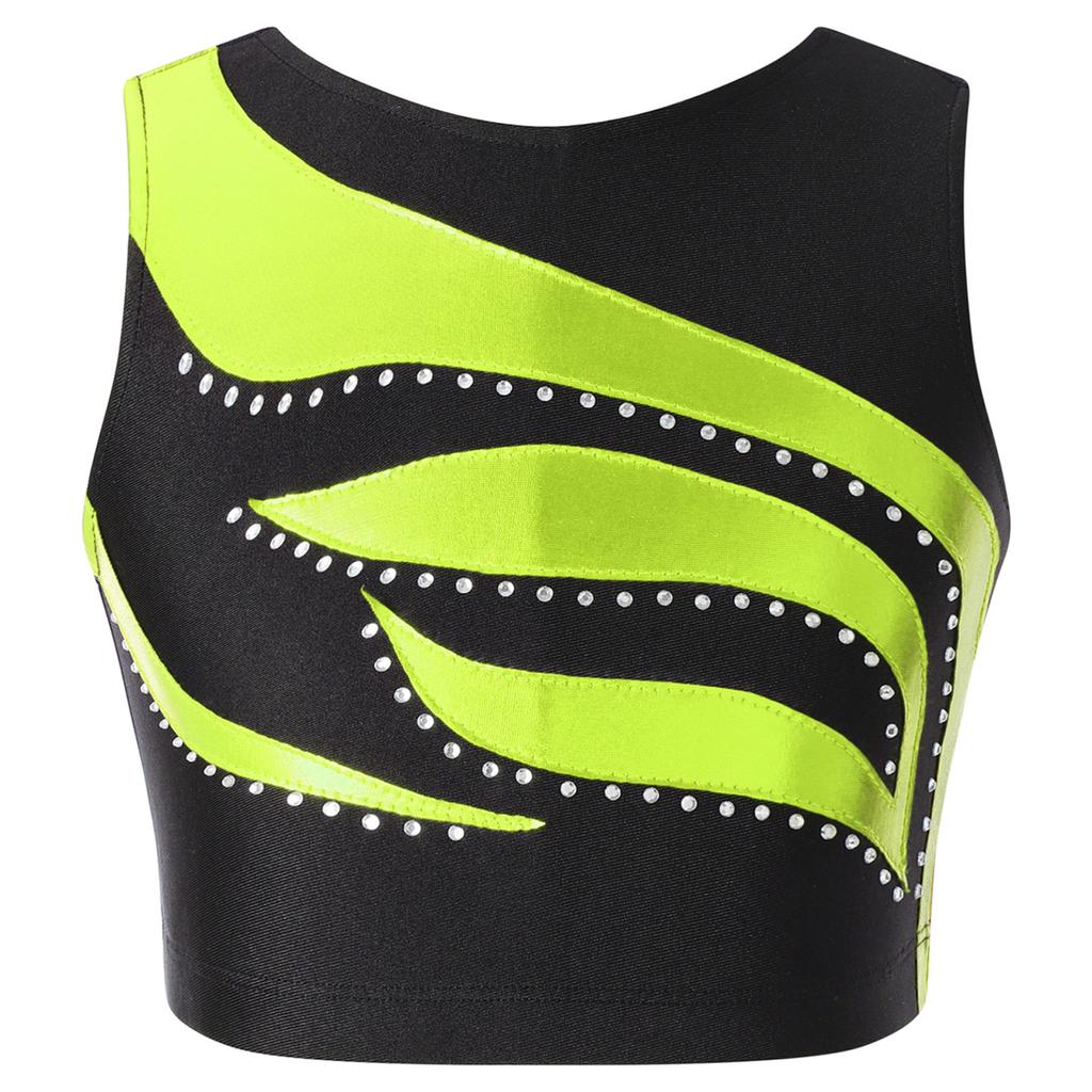Girls Shiny Rhinestone Decor Dance Top Sleeveless Round Neck Jazz Performance Vest Tank Top