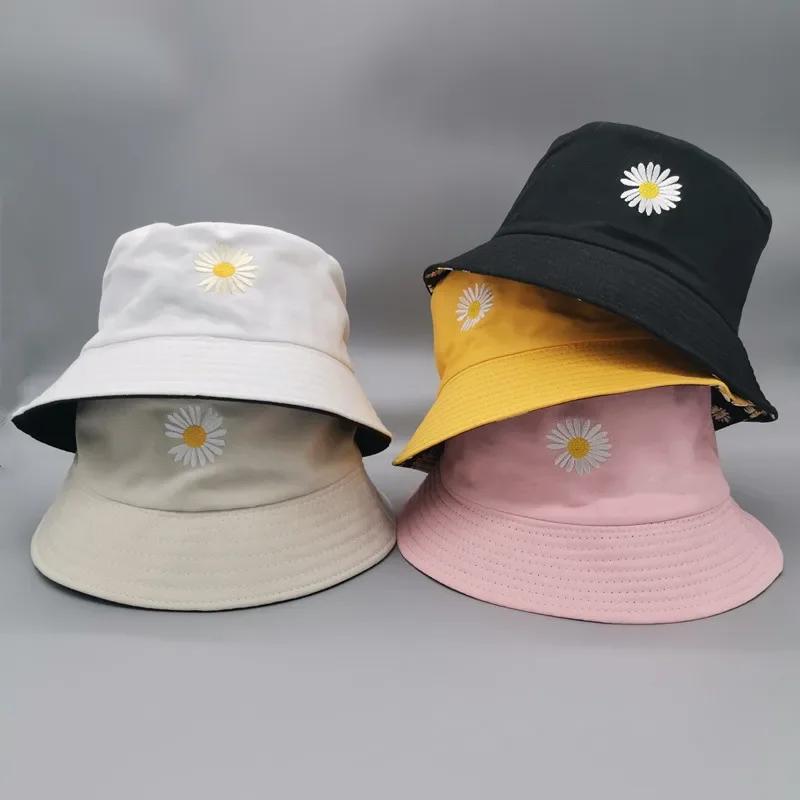 Fashion Fresh Double-sided Daisy Embroidery Summer Daisies Bucket Hat Unisex Fashion Cotton Beach Sun Floral Hat Fisherman Hat