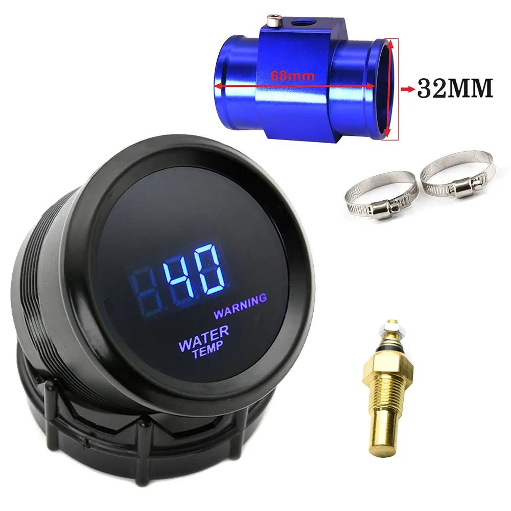 52mm Wassertemperaturanzeige Blaue LED-Beleuchtung mit 16mm-40mm Anschlussrohr-Adapter Schwarz/Blau mit Wassertemperatur 1/8NPT Sensor