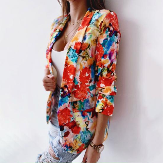 Bürodame Blazer Bunter Druck Slim Frühling Herbst Ziertaschen Floral Anzug