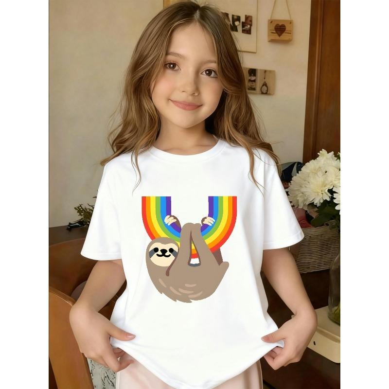 European Sizes Cute and Fun Sloth Print Short-sleeved T-shirt with a Rainbow Design, a Trendy Summer Top, Suitable for Girls.