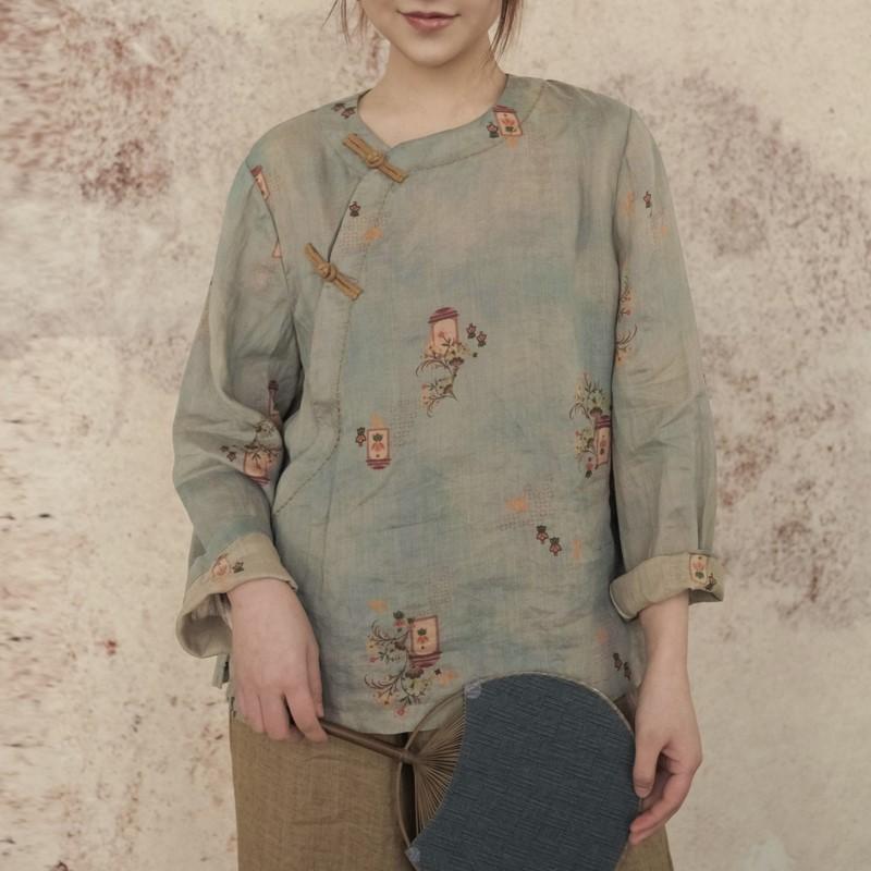 Johnature Dámské vintage potisk květinové košile Topy s devíti rukávy Ramie jarní halenky na knoflíky dámské košile