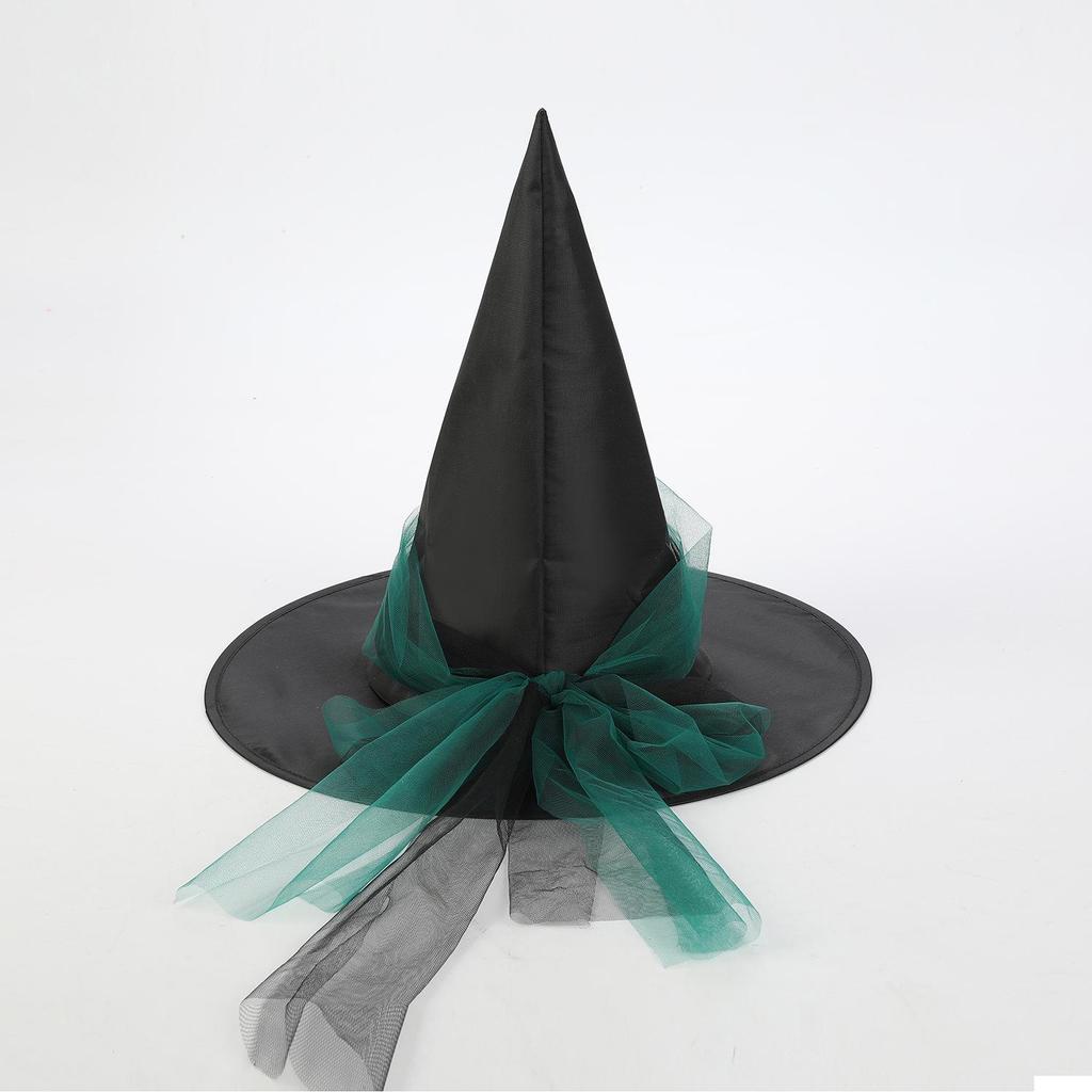 European & American Halloween Lace-up Witch Hat - Black Oxford Cloth Pointed Wide-Brim