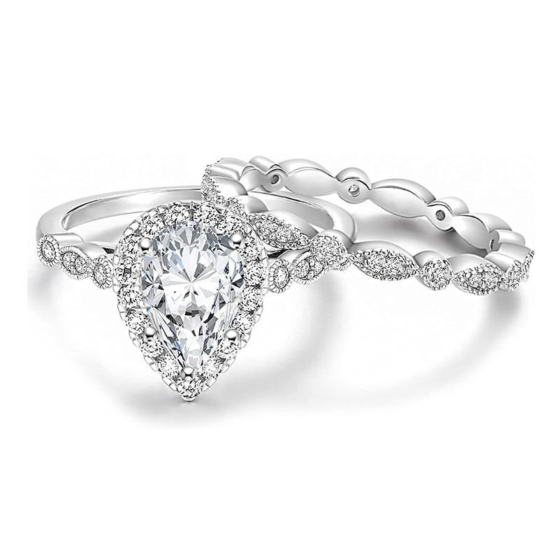 Huitan 2Pcs Pear Cubic Zirconia Set Rings for Women Wedding Accessories Luxury Trendy Female Accessories Engagement Band Jewelry