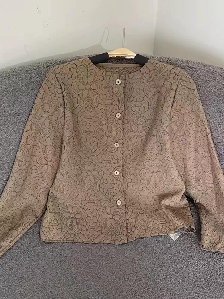 Elegant 2025 Autumn Retro Jacquard Pleated Cardigan Jacket