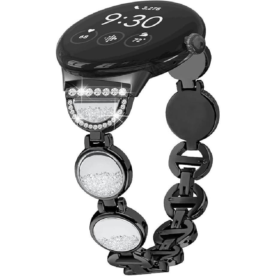 FitTurn Bling Band Compatible with Google Pixel Watch 3 41mm/Watch 2, Replacement Diamond Jewelry Metal Wristband Sparkle Design Elegant Strap, чёрный