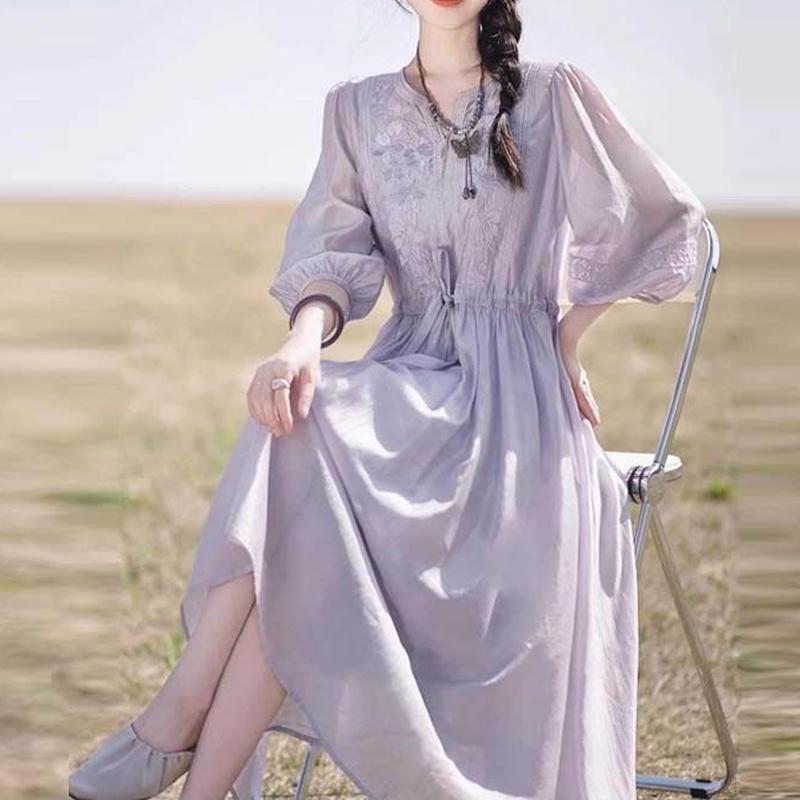 Summer New Solid Color Maxi Dress Women V-neck Three Quarter Fashion Dresses Elegant Embroidered Patchwork Lacing Chic Vestidos