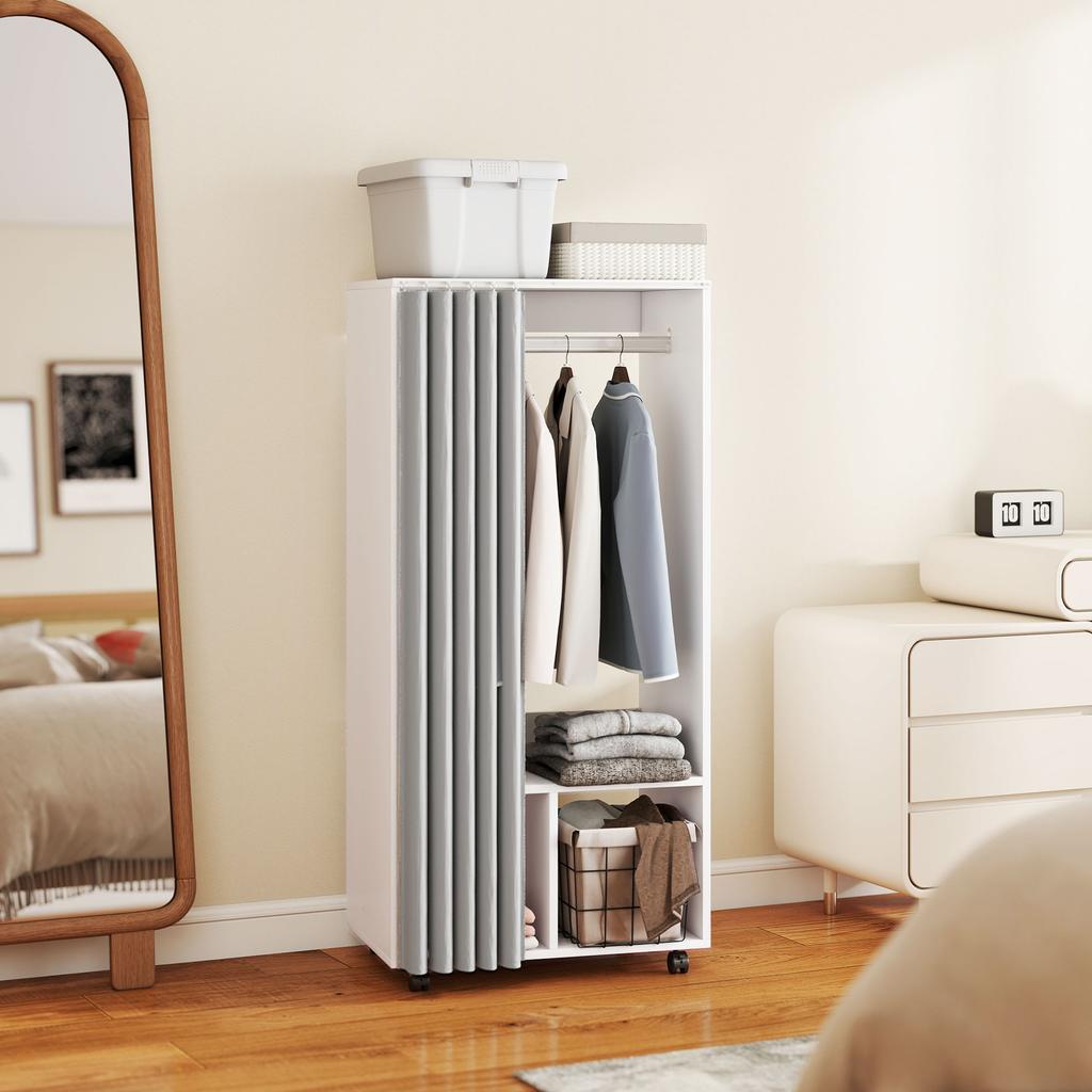 Wardrobe, Mobile Storage Cabinet, Curtain, Hanging Rail, 60 X 40 X 128 Cm, White