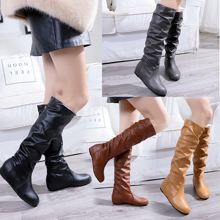 Autumn New Women's Thigh High Boots Fashion Plus Size Pionted Toe Wrinkle Flat Knee High Knight Boots for Women Botas De Mujer