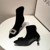 Boots high-heeled elastic socks thin-heeled rhinestone suede black thin boots increase height, pointed head shows long legs