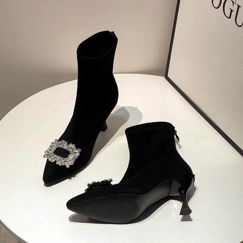 Boots high-heeled elastic socks thin-heeled rhinestone suede black thin boots increase height, pointed head shows long legs