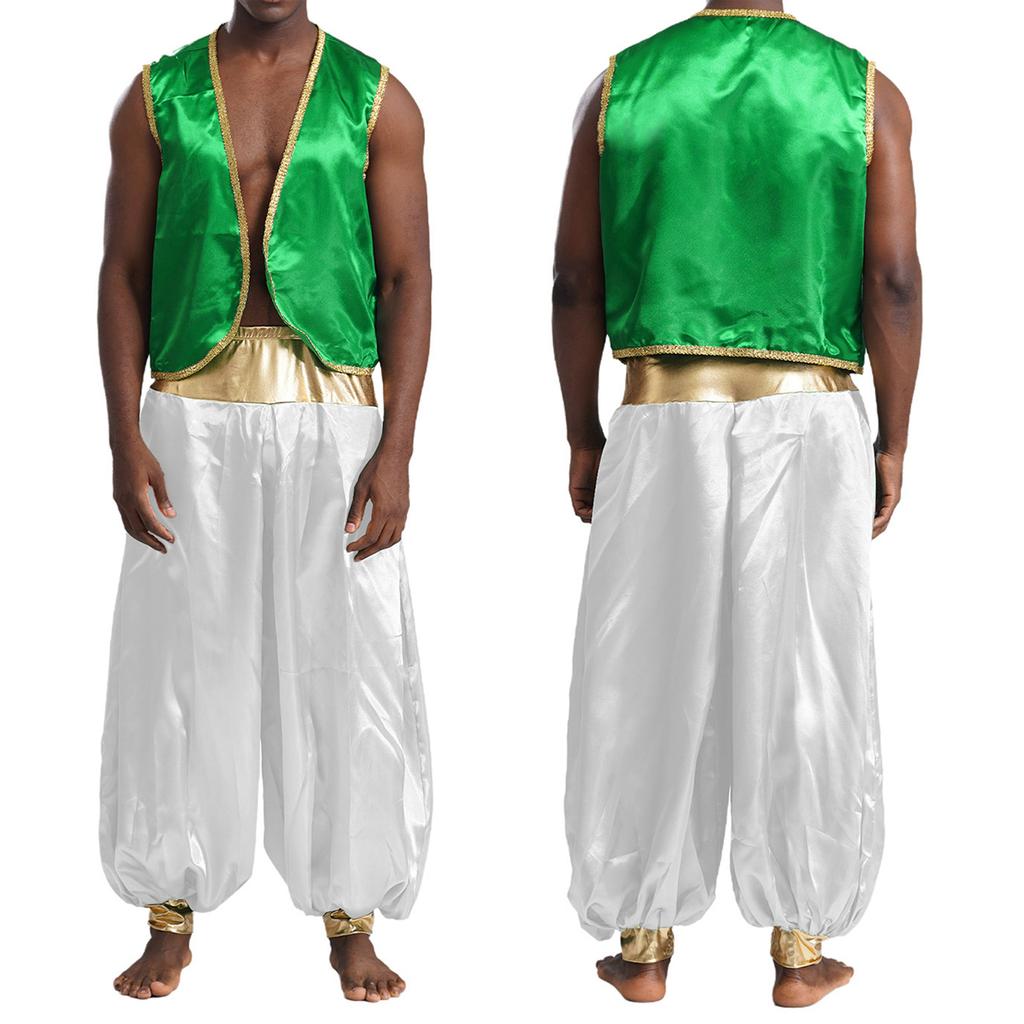 Halloween Arabisk Prins Kostyme - Skinnende Gull Vest & Lappeteppe Bukser for Menns Cosplay (Størrelser S-4XL)