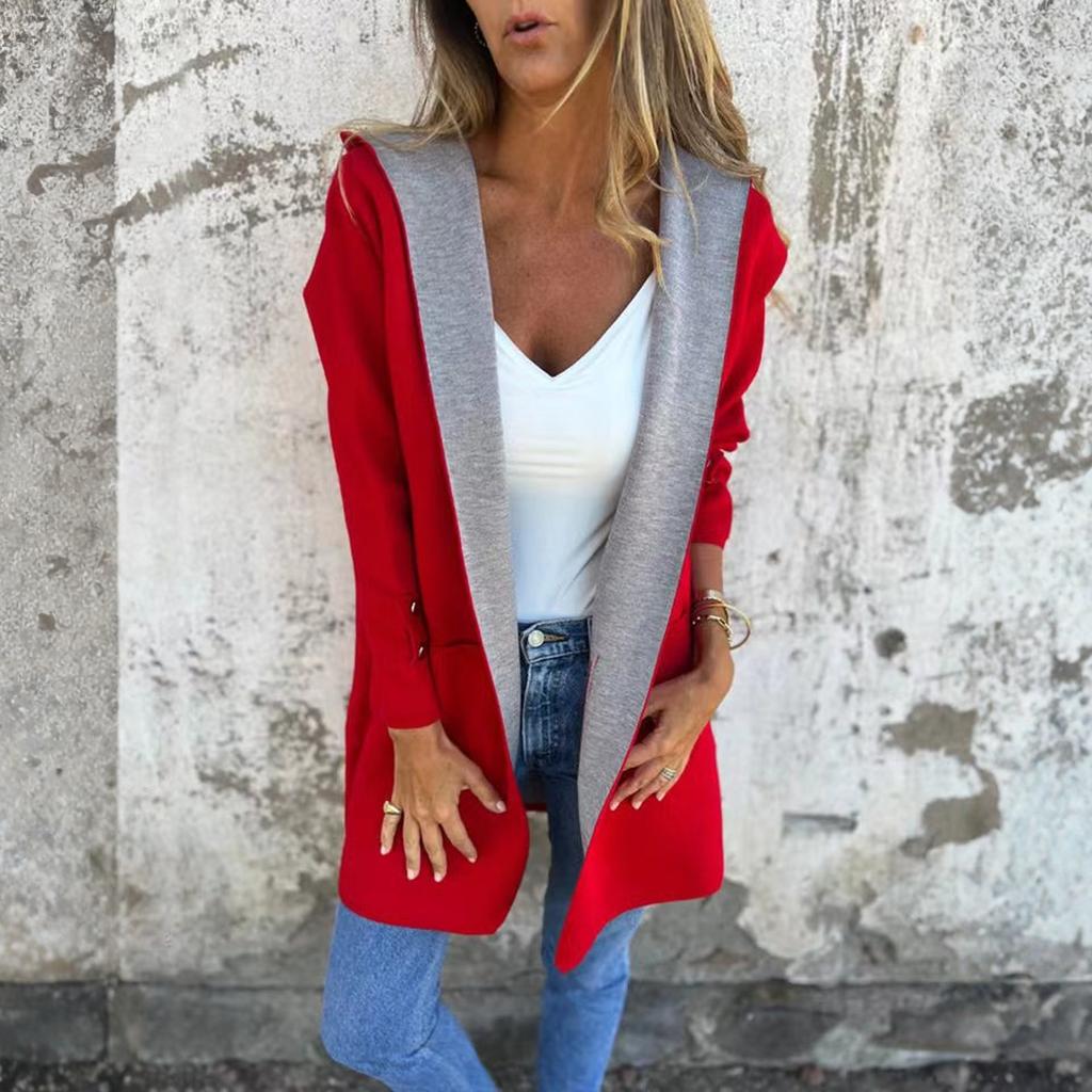 Fashionable Solid Color Long Sleeved Pocket Casual Sweater Cardigan Hooded Jacket