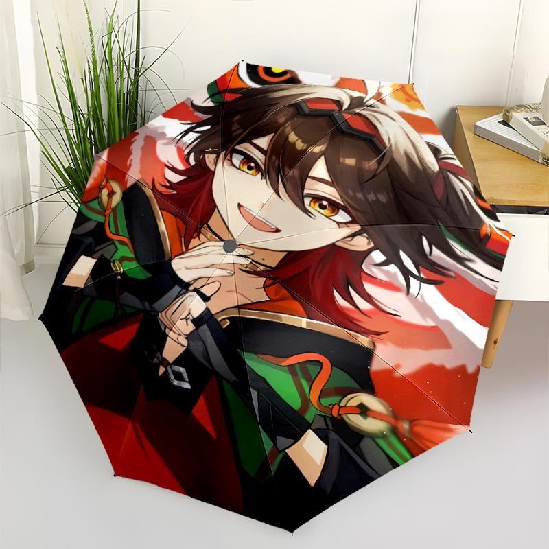 Genshin Impact characters2 Print Automatic Umbrella, 8 Rib Iron Frame, Plastic Handle, Suitable for Outdoor Travel &Daily , Ideal Gift