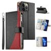 For iPhone 13 Pro Max Case Zipper Pocket Wallet Color Splicing Leather Flip Phone Cover with Straps