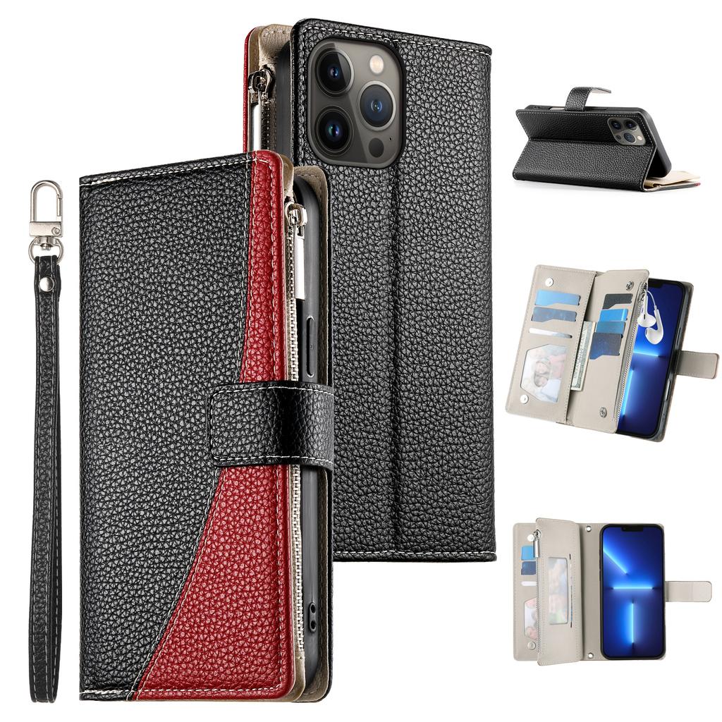 For iPhone 13 Pro Max Case Zipper Pocket Wallet Color Splicing Leather Flip Phone Cover with Straps