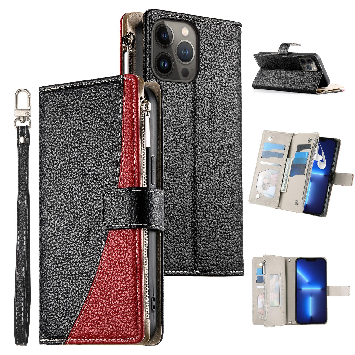 

For iPhone 13 Pro Max Case Zipper Pocket Wallet Color Splicing Leather Flip Phone Cover with Straps Black