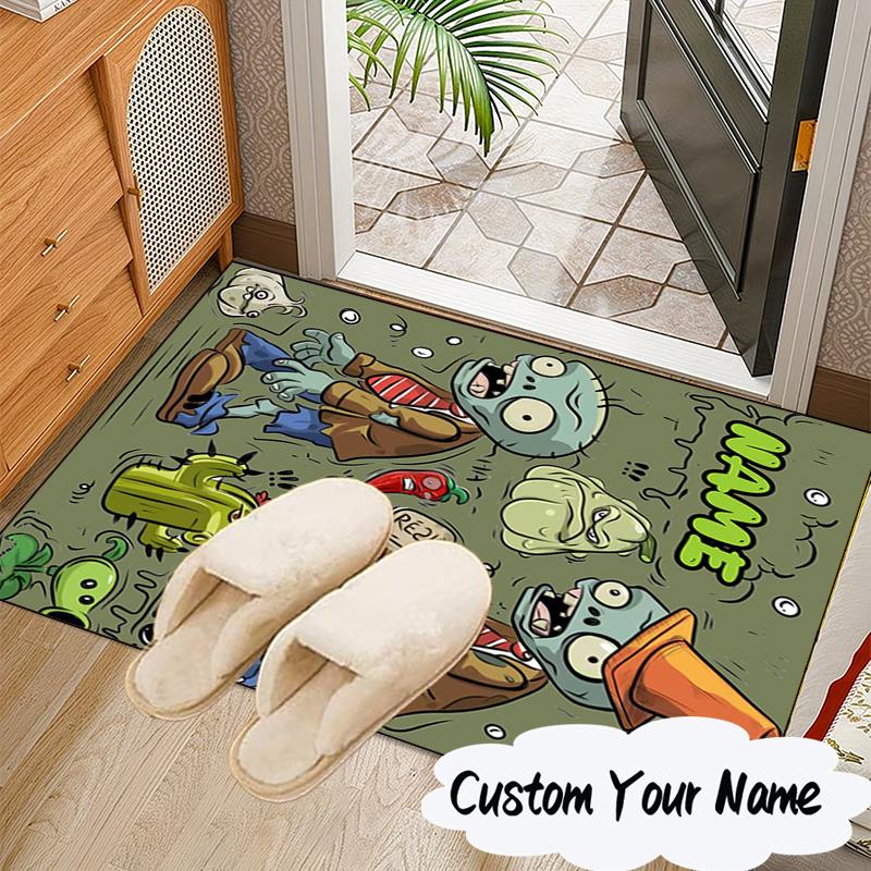 Custom Name Zombie Garden Battle Rug for Living Room, Game Rooms, Office, Bedroom, Floor Mat Playful Design, Fan Gifts Christmas Decor