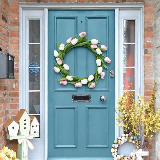 Artificial Tulip Wreath with Vine Base Lifelike Floral Door Wall Hanging Decor for Home Garden Party Fade-Resistant Reusable Spring Home Decoration