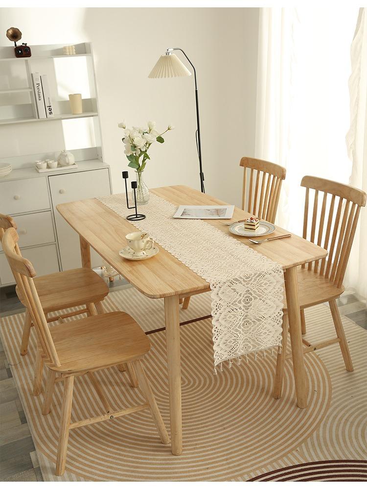 Vintage American Style Crochet Hollow Linen Lace Table Runner with Tassels | Woven Polyester Square Floral Pattern | for Dining Room, Cabinet