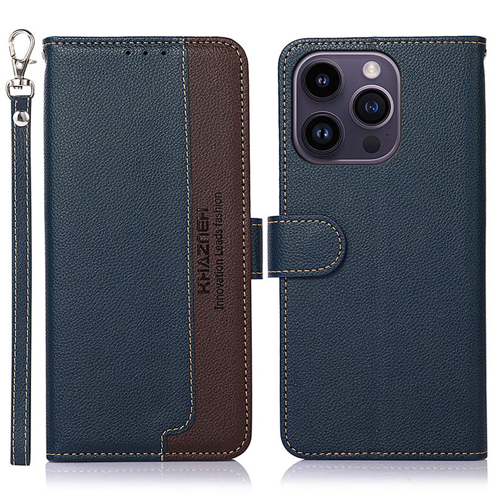 

KHAZNEH Slim-Fit Leather Case for iPhone 14 Pro RFID Blocking Litchi Texture Wallet Phone Stand Cover Blue