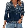 Women's Fashionable Casual Lapel T-Shirt With Retro Floral Print Seven Quarter Sleeve Top