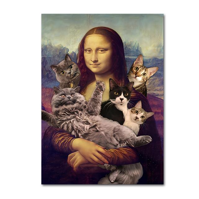 Funny Mona Lisa Art Poster Mona Lisa and Cats Canvas Painting Retro Wall Art Pictures for Living Room Home Decorarion (No Frame)