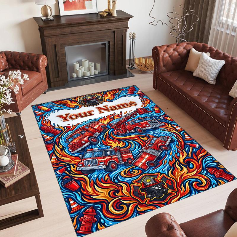 Fire Truck Theme Crystal Velvet Rug Personalized Custom Name Text Soft Floor Mat Home Decor