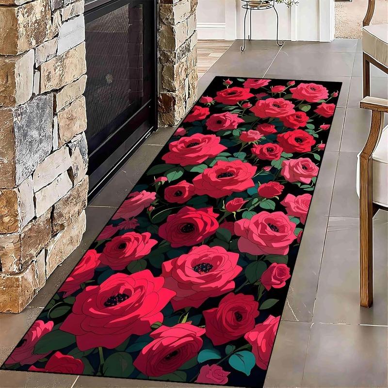 Red Rose Heart Pattern Runner Rug Illustrated Art Home Decor Hallway Carpet Vintage Romantic Non-Slip Mat for Living Room