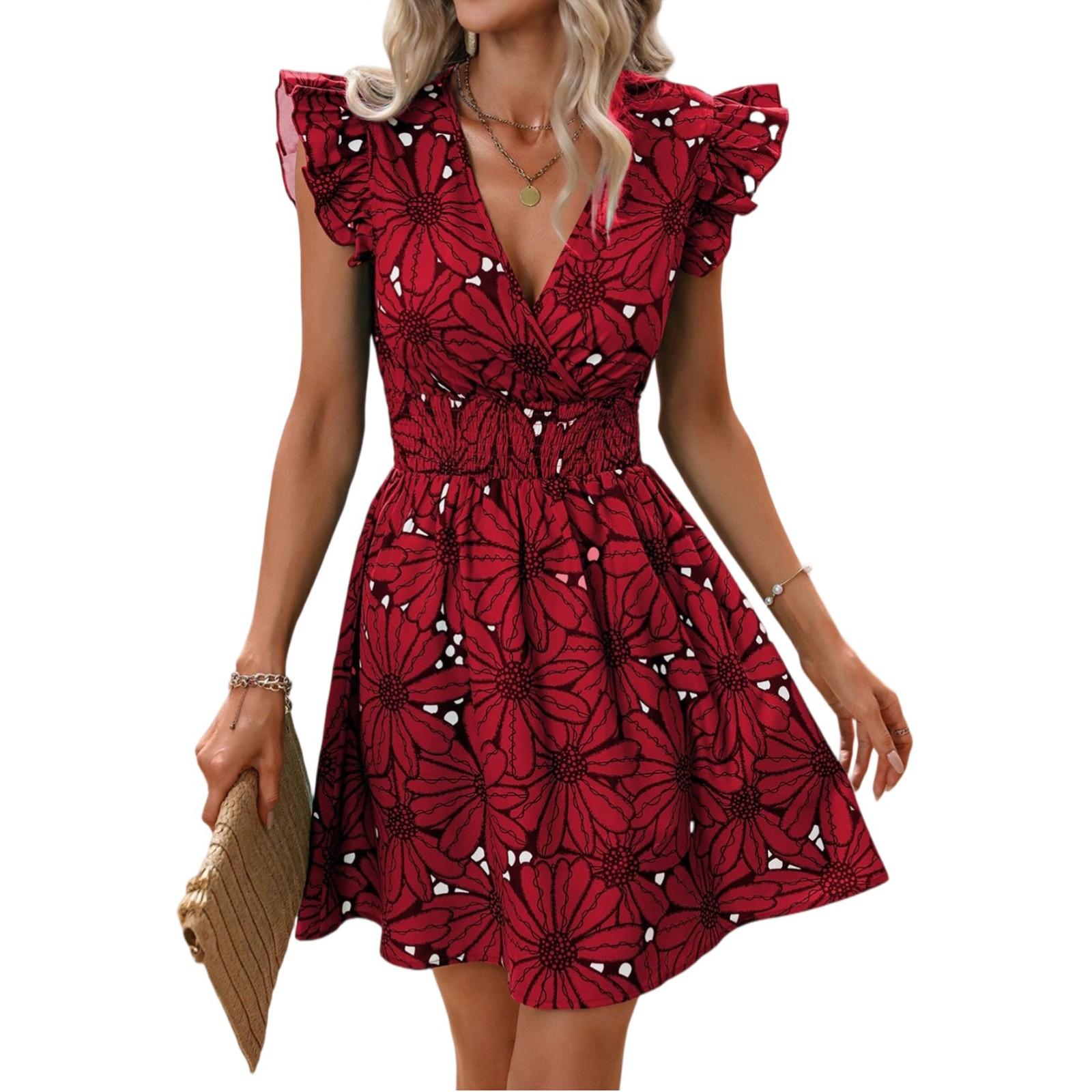 

Женские платья с V-образным вырезом и талией, сексуальные, с большими цветочными оборками, без рукавов XL красный