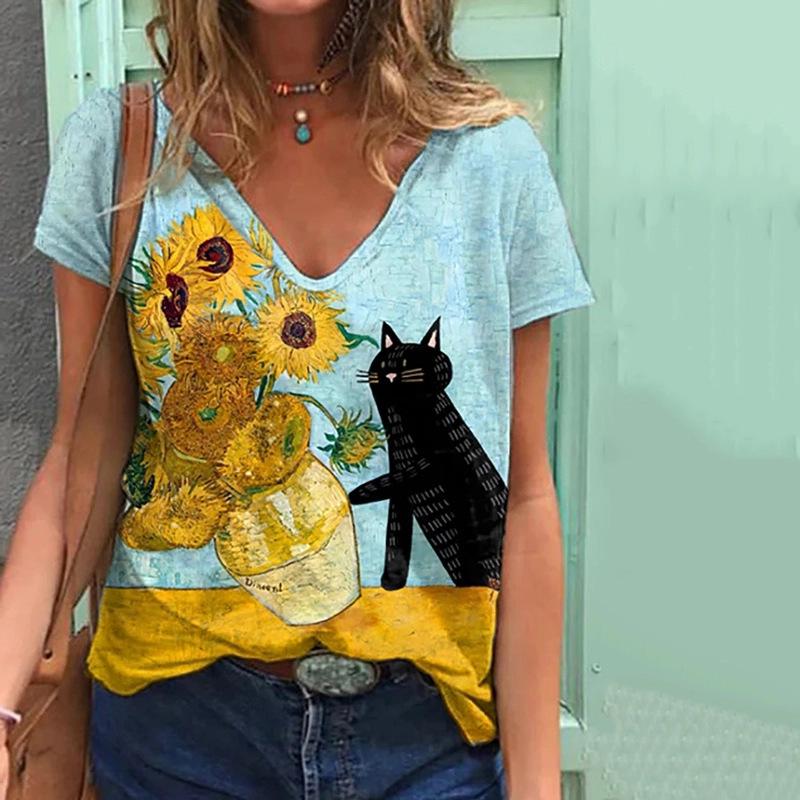 Summer Loose Couples T Shirt Fashion Women V Neck Short Sleeve Tops Casual 3D Floral Print T Shirts