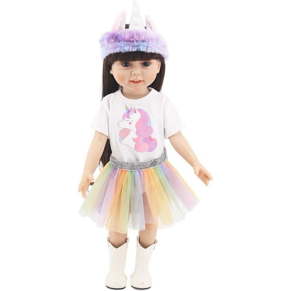 New Born Baby Doll Clothes, Unicorn Pattern Romper and Skirt and Headband for 18" Dolls (40-45cm) Set of 3