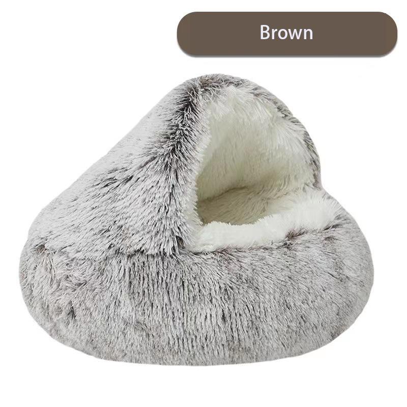 2 in 1 Soft Long Plush Pet Bed with Cover Semi-enclosed Round Warm Comfortable Dog Cat Sleep Nest Kitten Supplies