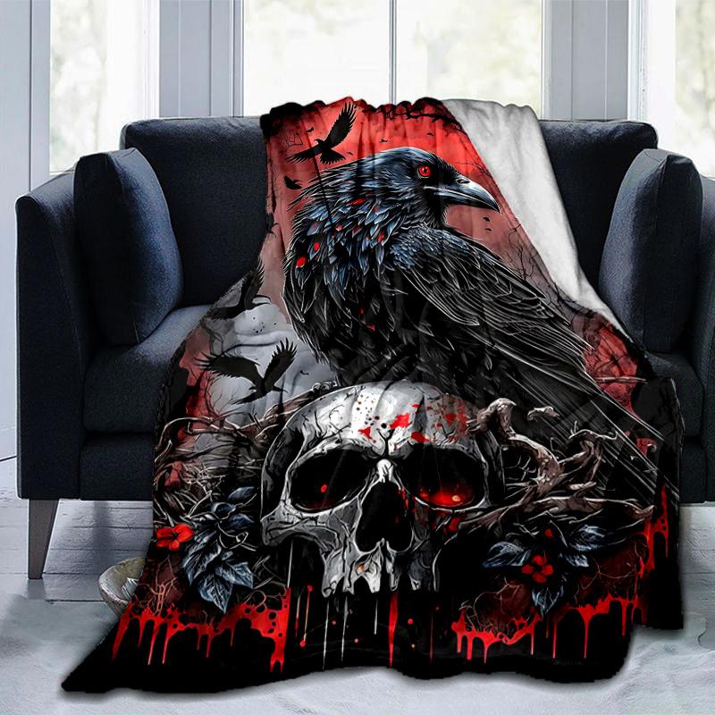 1pc Crow and Skull Blanket Soft Throw for Room Decor, Perfect Gift for and , Living Room .K027