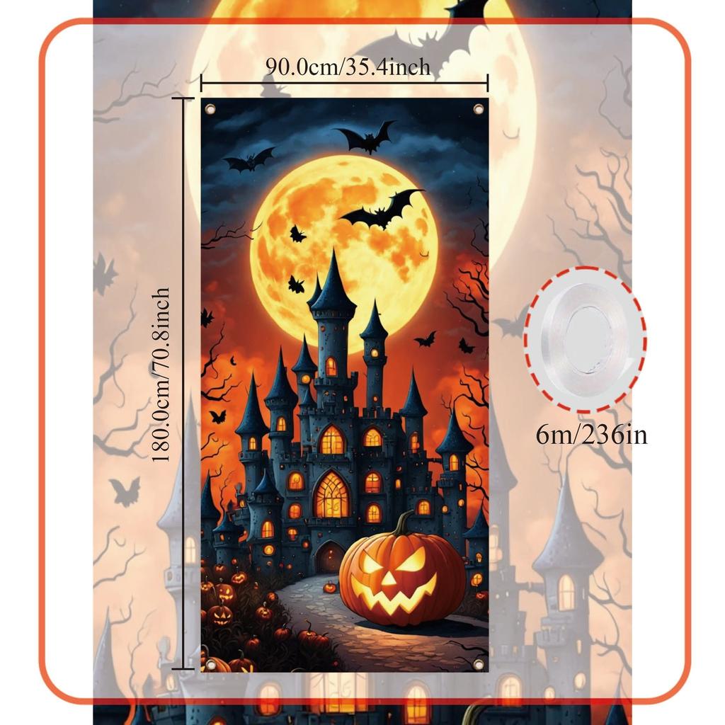 1 Piece Halloween Door Banner Decoration Full Month Pumpkin Lantern Bat Castle Background