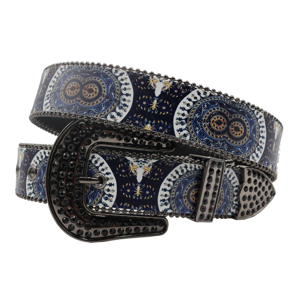 Gothic Design Full Of Rhinestone Print Belt Hip Hop Punk Jeans Accessories Pu Leather Belt
