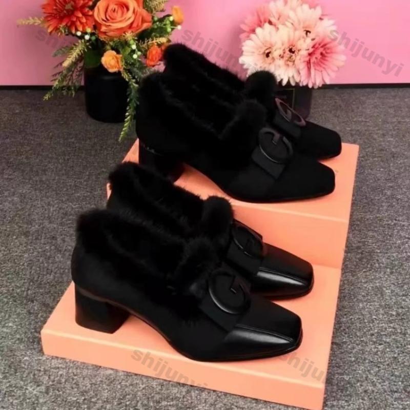 Woman Square Toe High Heels Shoes Woman Winter New Fashion Thick Heel Ankle Boots Suede Metal Buckle Cotton Shoes Dress Pumps