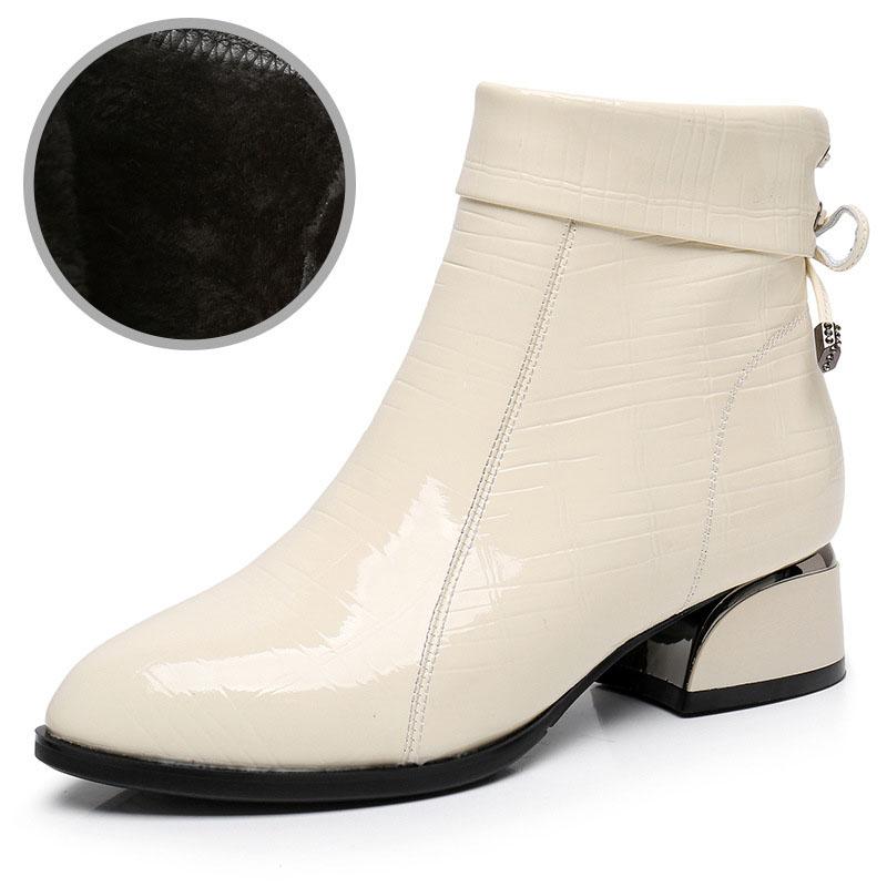 GKTINOO New Ankle Boots Women Pointed Toe Thick Heels Genuine Patent Leather Shoes Short Boots Soft Sole Footwear Plus Size 43