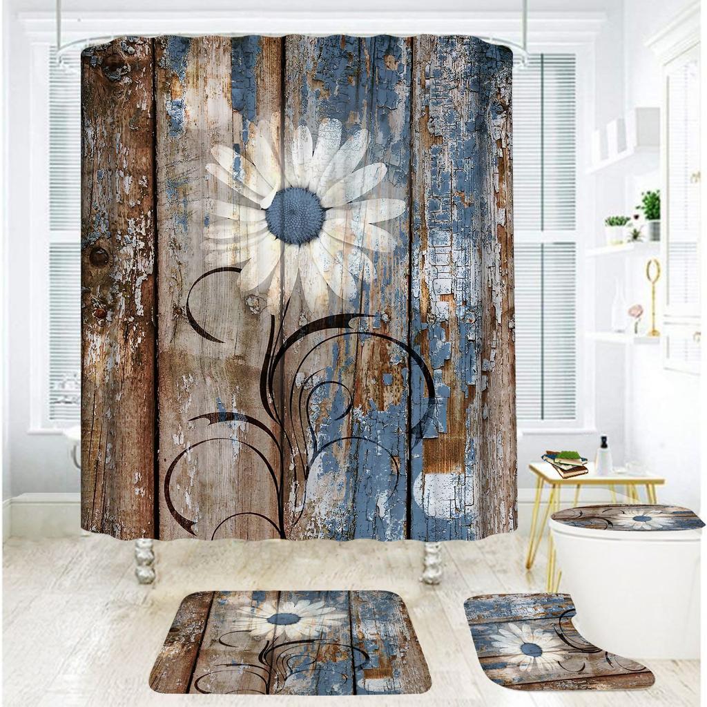 Badezimmer Duschvorhang Vierteilig Digitaldruck Holzmaserung Chrysanthemenpflanze Wasserdichter Duschvorhang Duschvorhang Trennvorhang