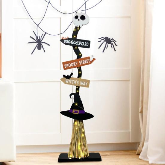 Halloween Wood Witch Broom Porch Sign Spooky Halloween Witch Broomstick for Indoor Outdoor Porch Yard Home Decor
