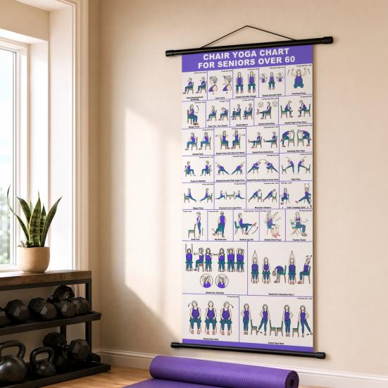Yousheng Chair Yoga Wall Chart, Canvas Poster with Hanging Rod And Rope, Chair Yoga Chart for Seniors Beginners Home Stretching Mobility Guide