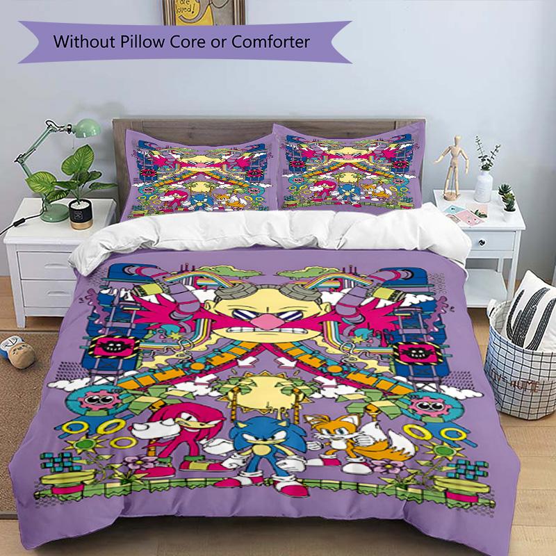 3pcs Duvet Cover Set (1*Duvet Cover + 2*Pillowcase, Without Core), Sonic Print Bedding Set, Bedroom Decor, All‑Season, Birthday Gift
